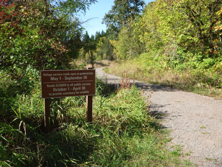 Refuge service road open to pedestrians May 1 - Sept 30 - Road closed to all public access Oct 1 - April 30 Refuge service road open to pedestrians May 1 - Sept 30 - Road closed to all public access Oct 1 - April 30